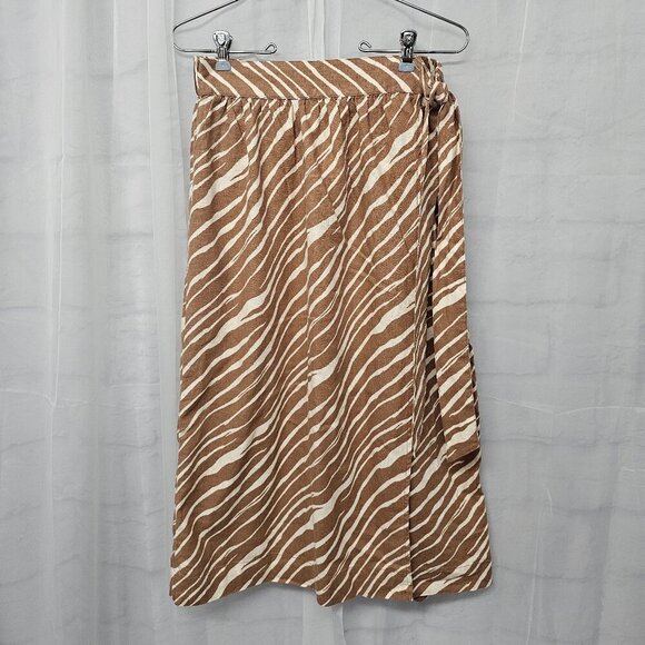 A New Day Tan Cream Zebra Print Midi Skirt Linen Faux Wrap Safari S - Picture 1 of 9